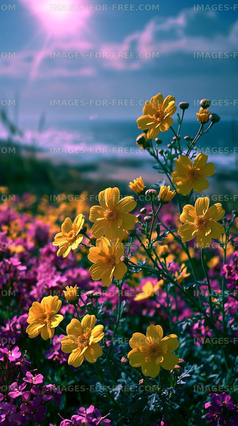 Vibrant flowers in bloom by the ocean shore during sunset