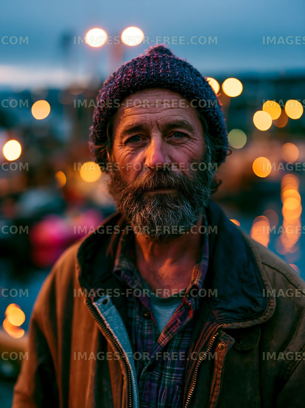 Portrait of a man with a beard and a hat near a harbor at dusk