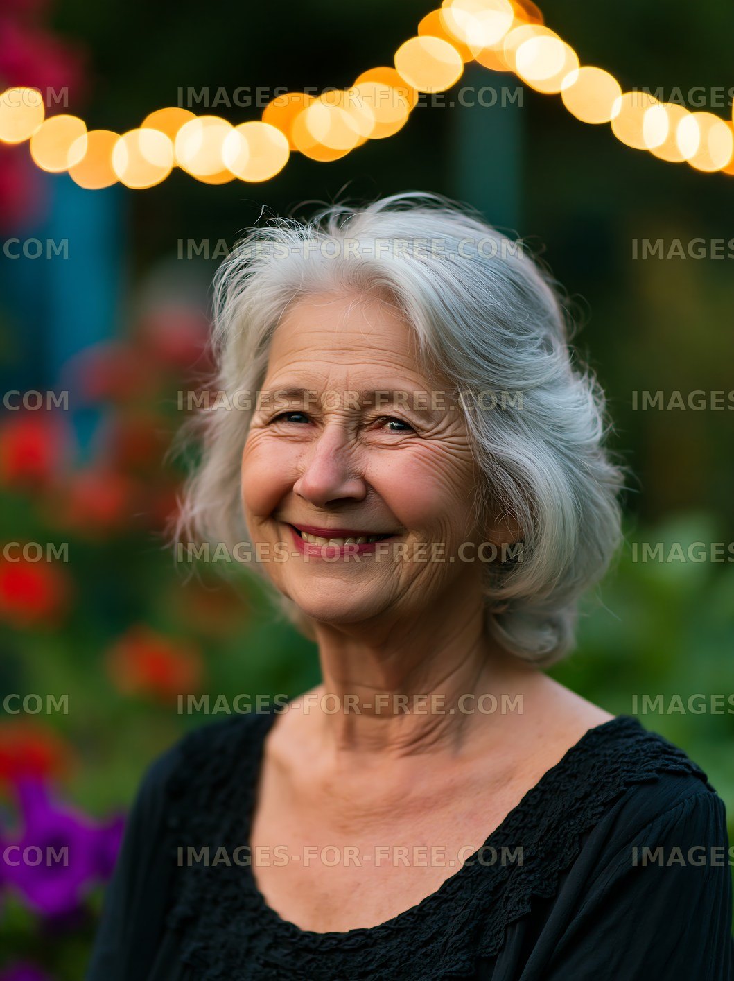 Smiling woman in garden with warm lights during sunset