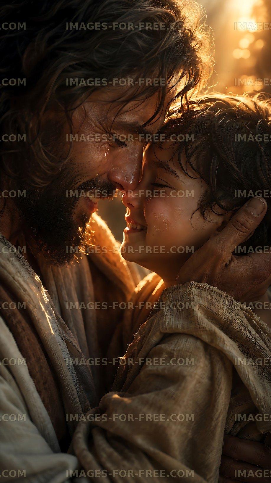 Father and son share a moment in soft golden light