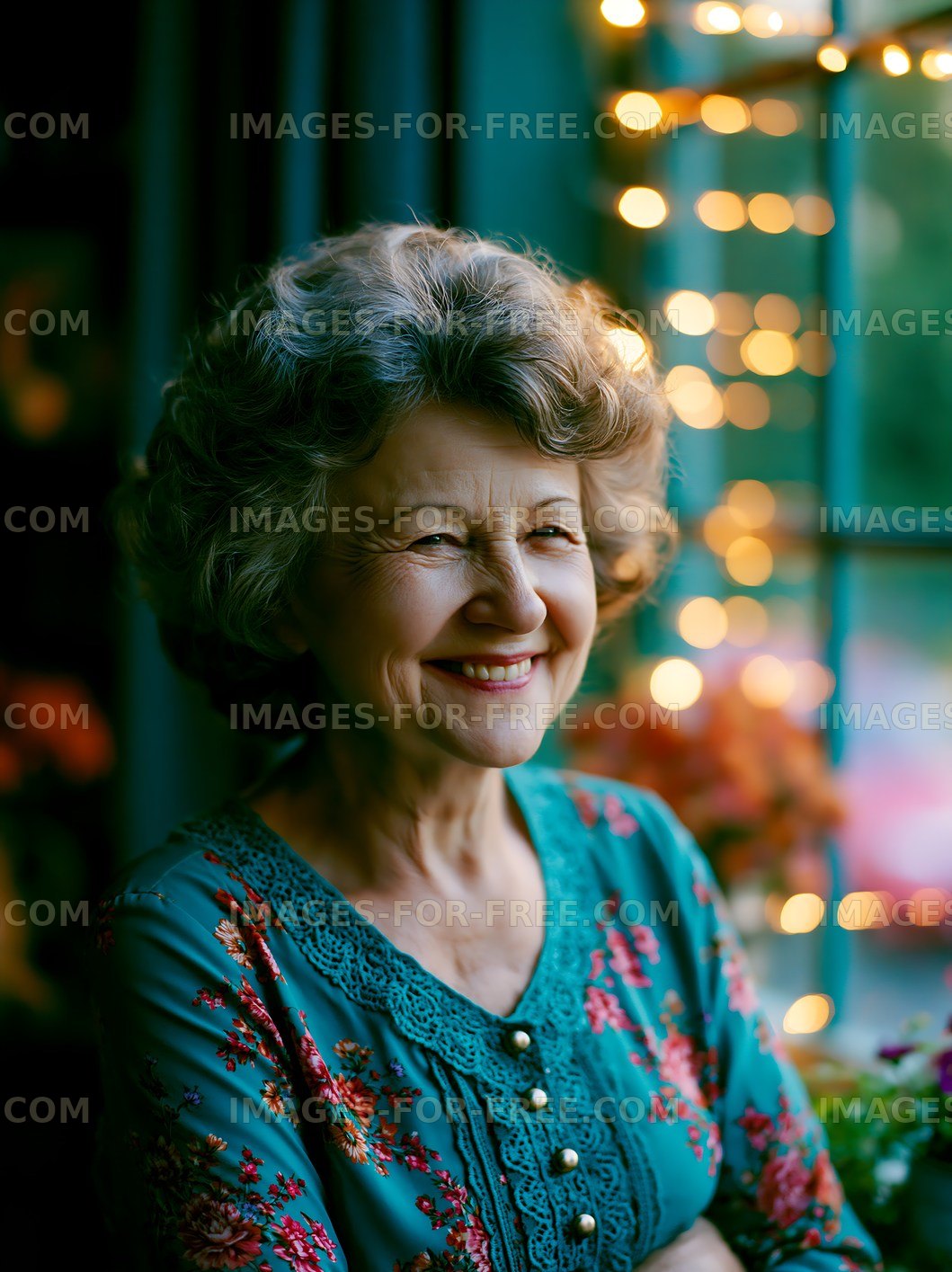Smiling woman with curly hair near window with fairy lights
