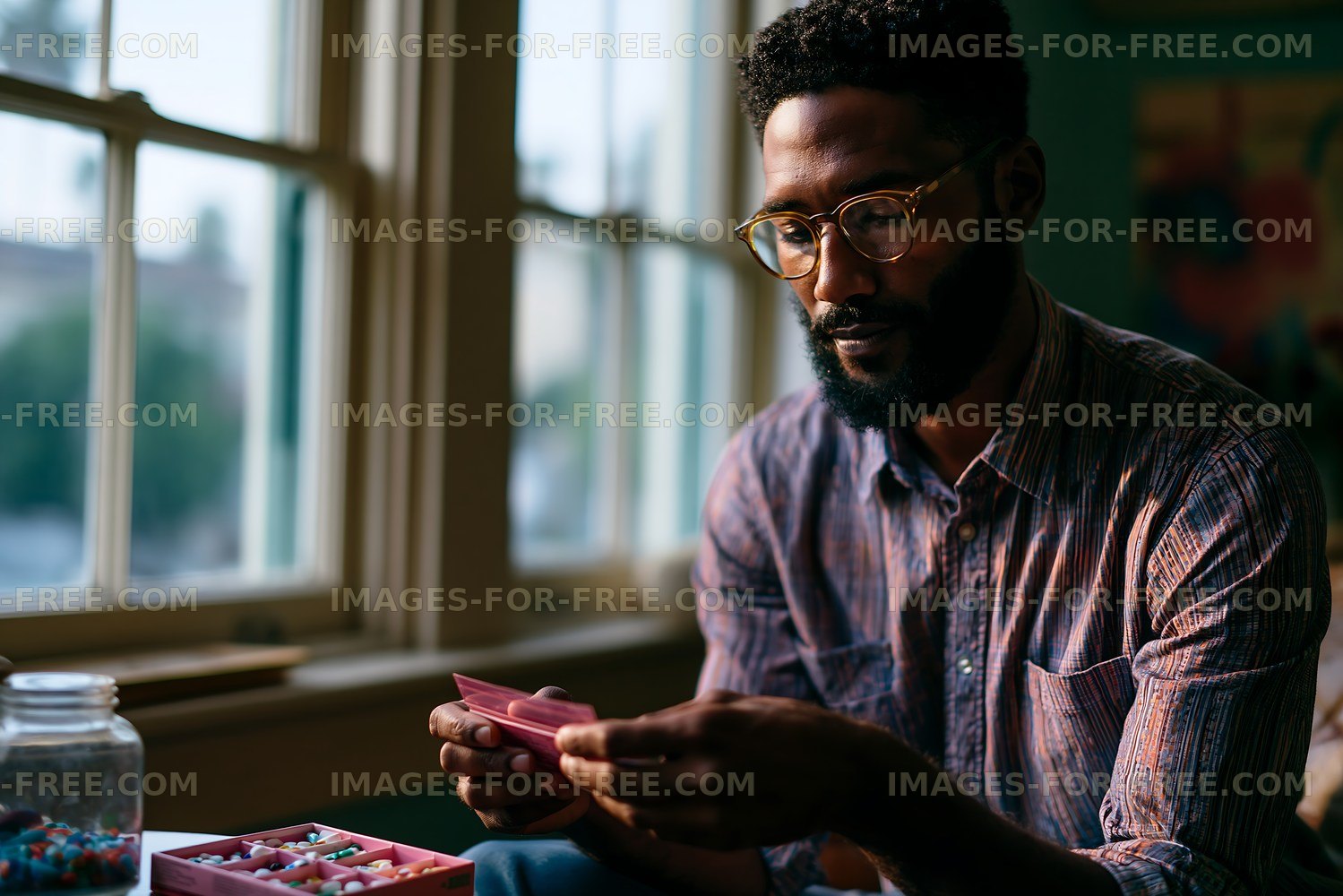 Man sorting pills in a bright room with windows