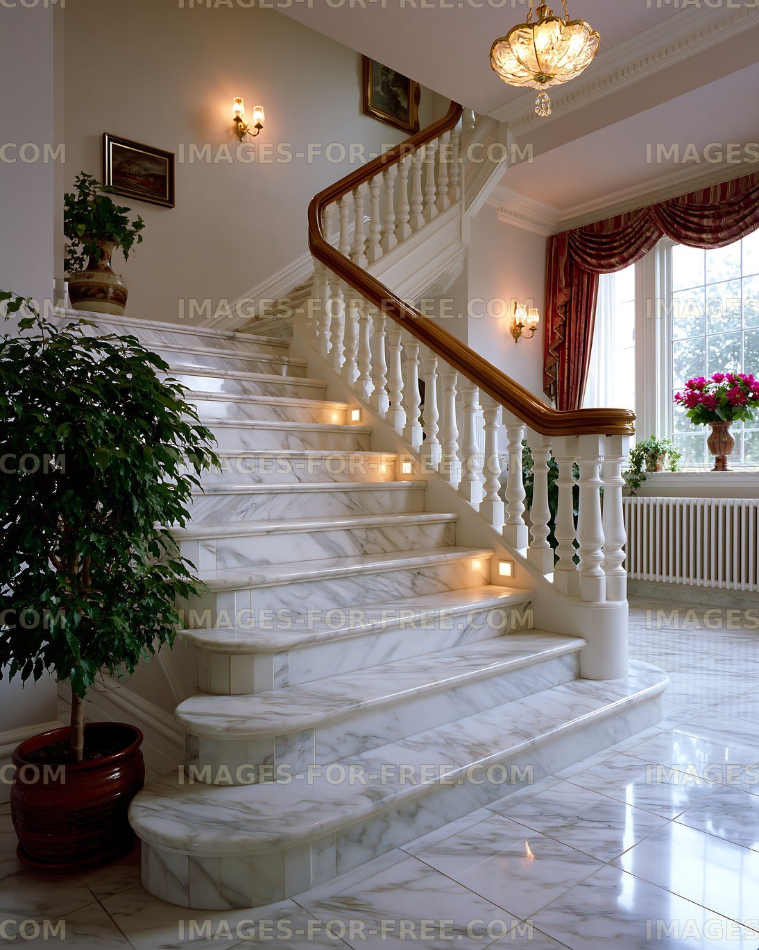 Elegant staircase with marble steps in a well-lit hallway