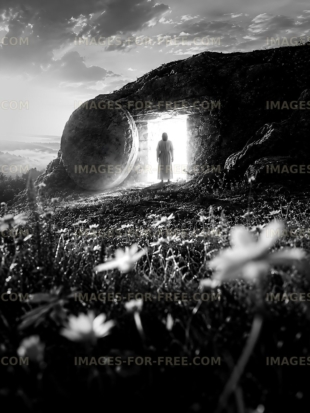 Person standing near an ancient stone tomb in a grassy field