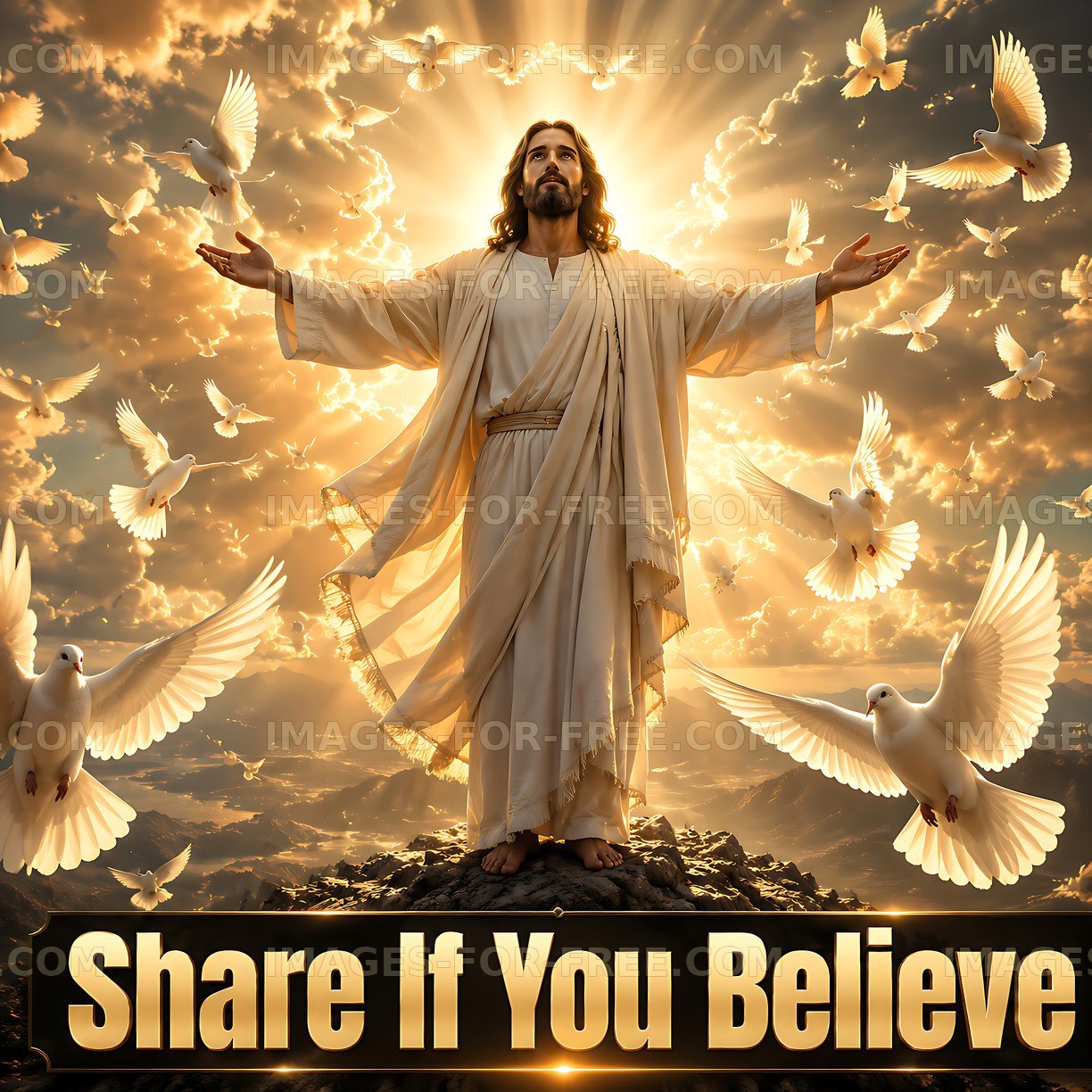 Jesus surrounded by doves with a bright background