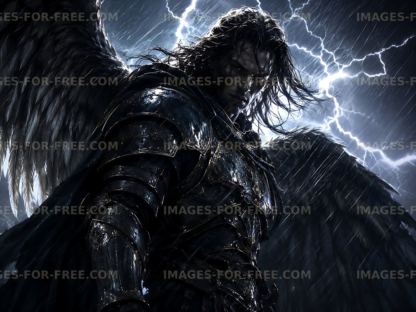 Dark warrior with wings in stormy weather