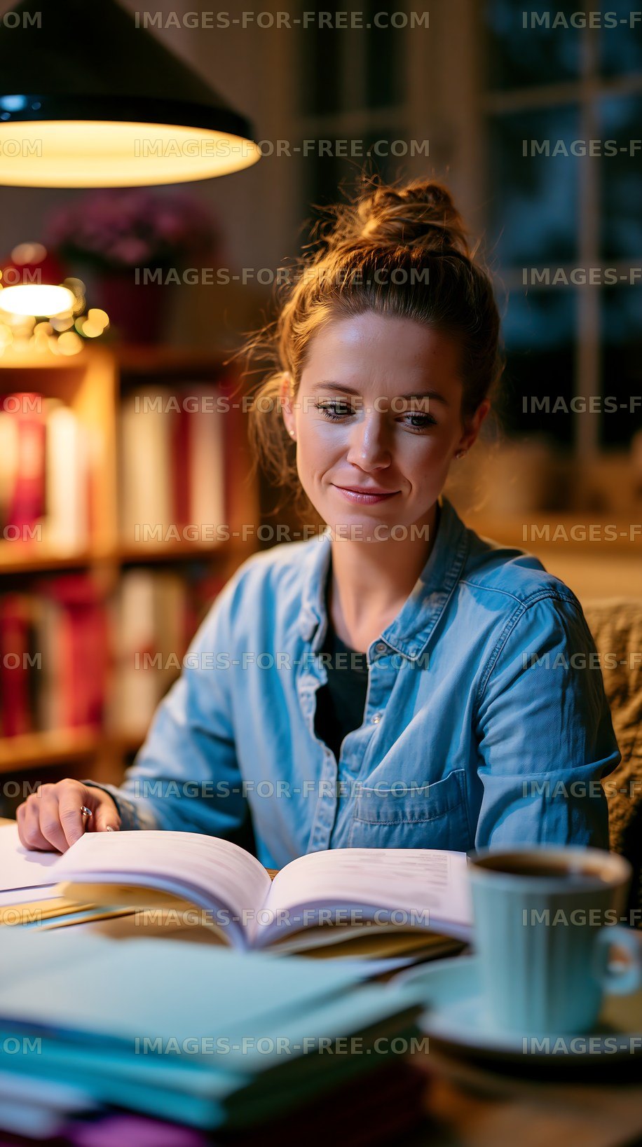 Woman reading a book in a cozy indoor setting