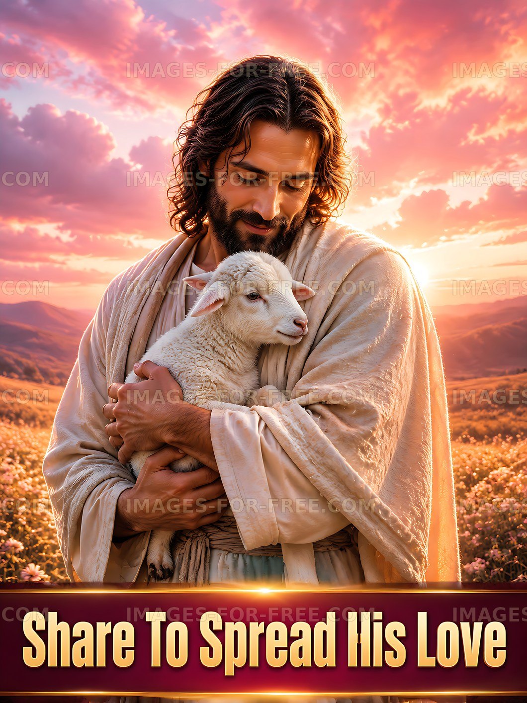 Man holding a lamb against a sunset backdrop
