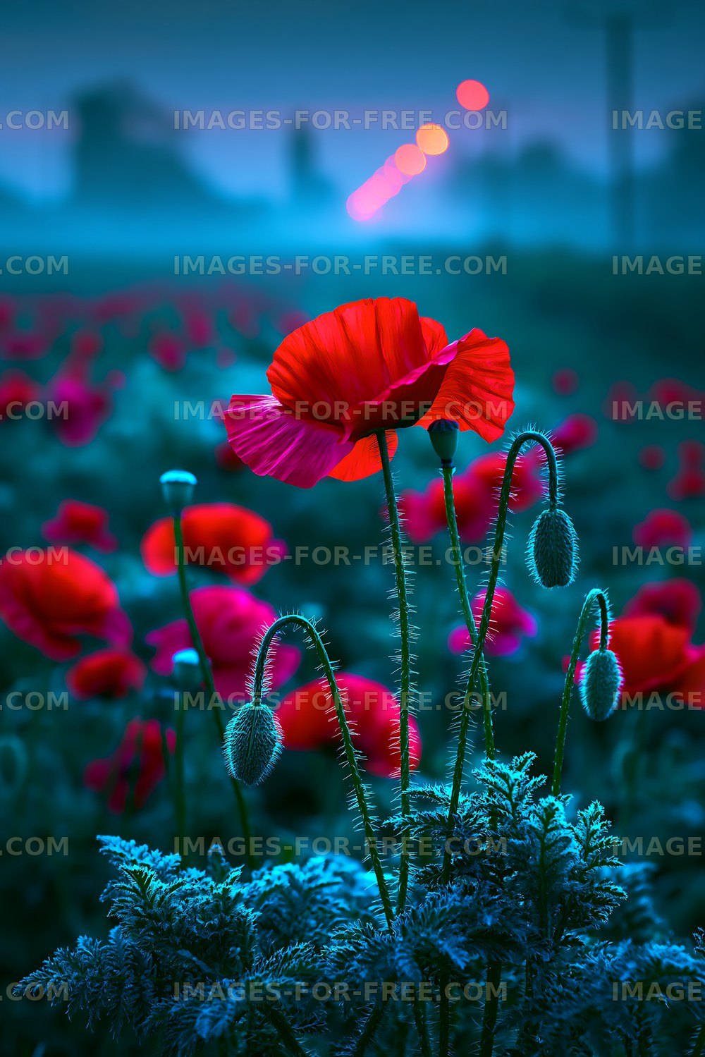 Poppy flowers in a field during twilight