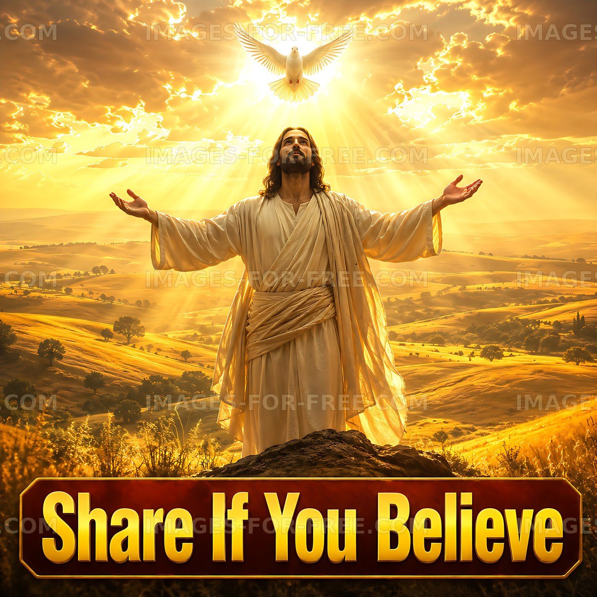Jesus with arms raised under bright sky