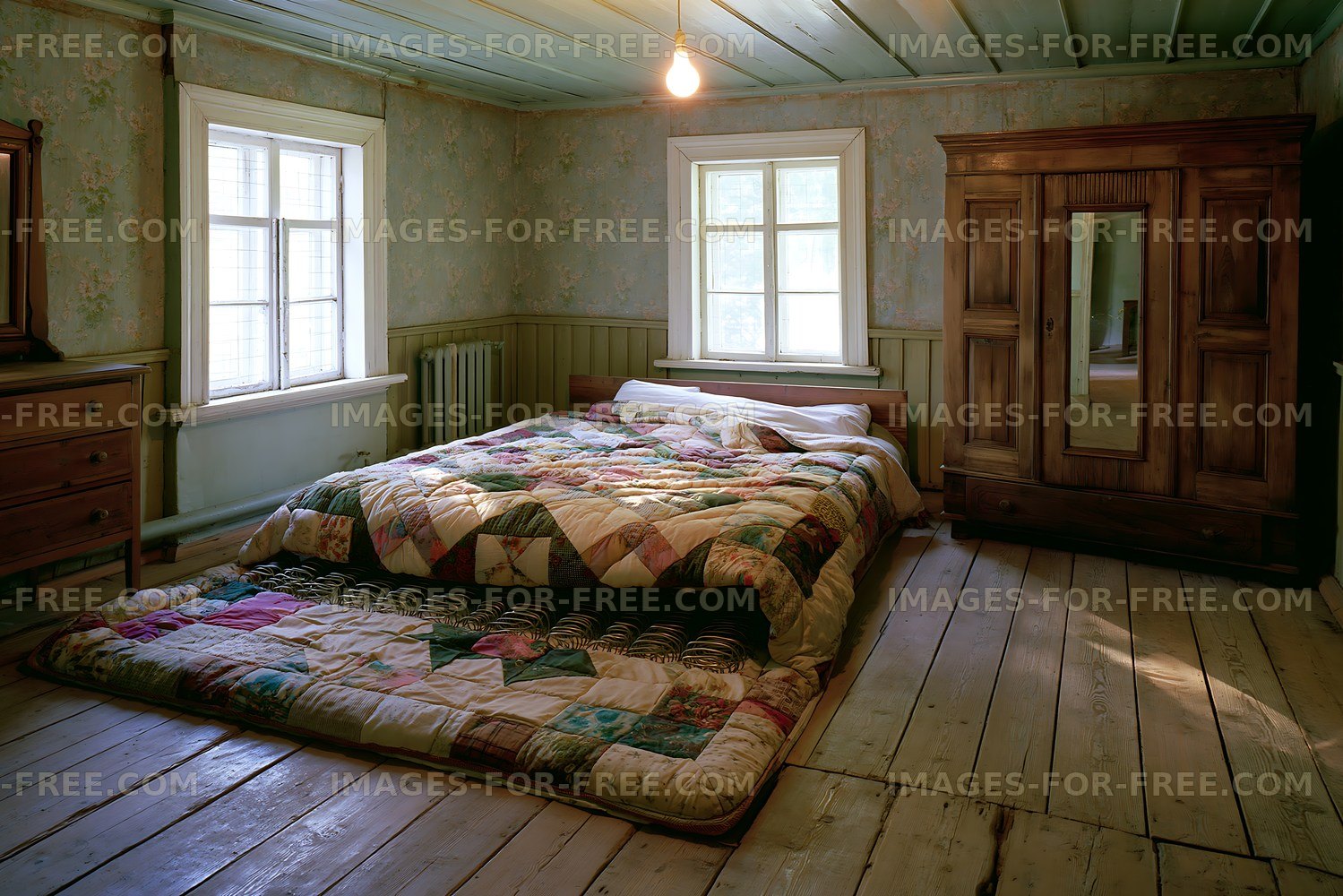 Cozy bedroom with wooden furniture and quilted bedding