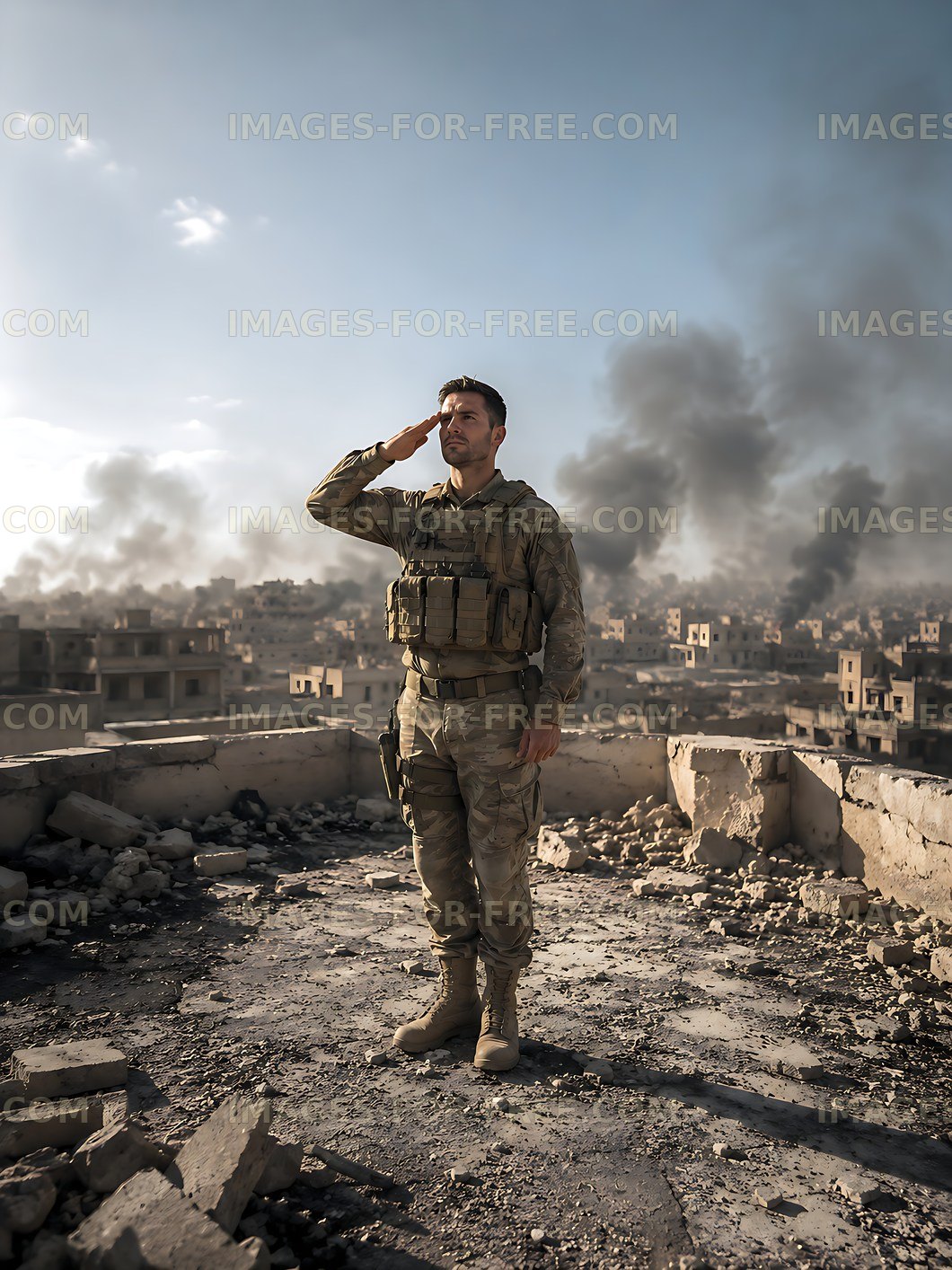 Soldier saluting in a war-torn city amid smoke