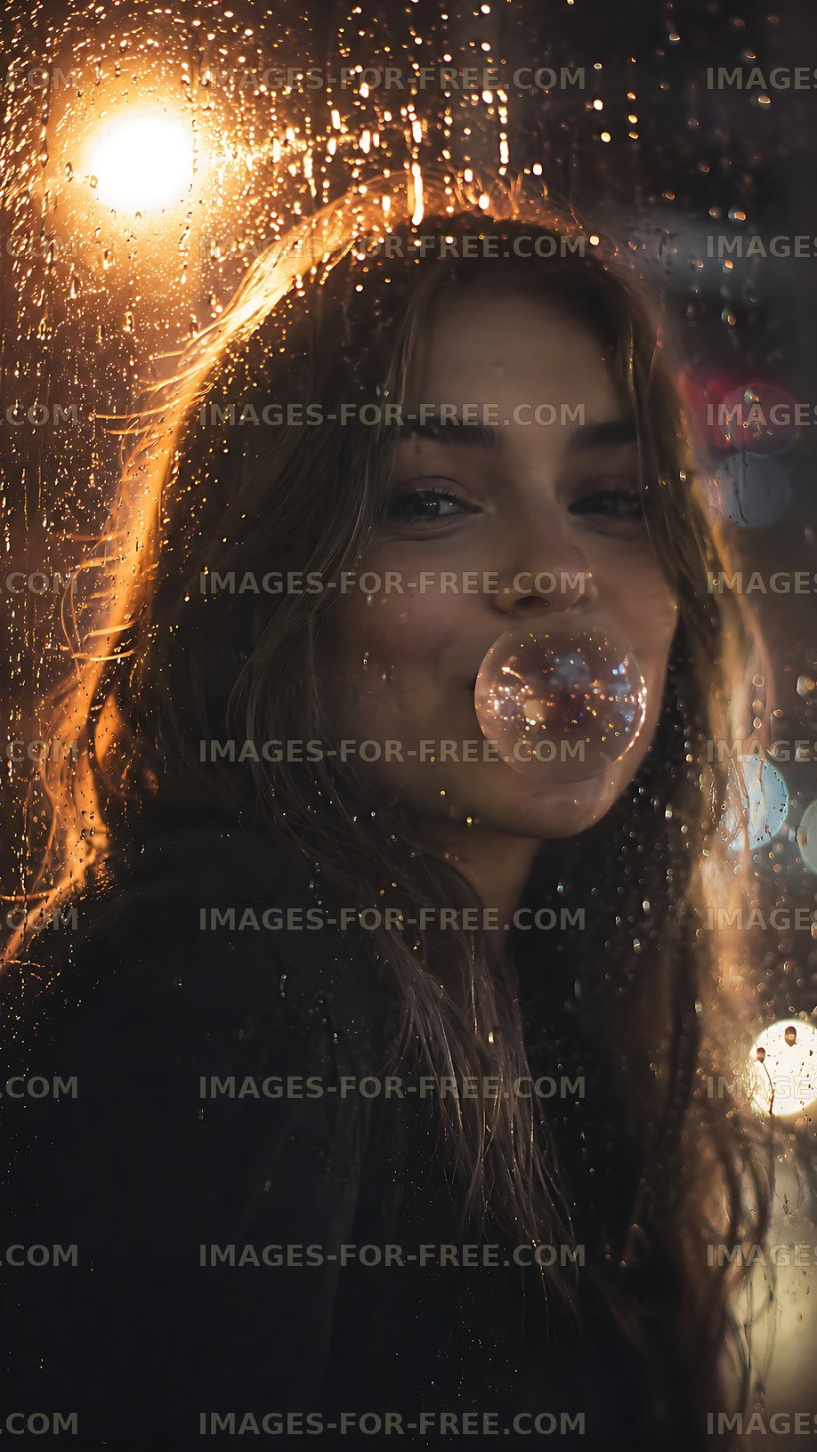 Woman blowing bubble gum near a rain-soaked window at night