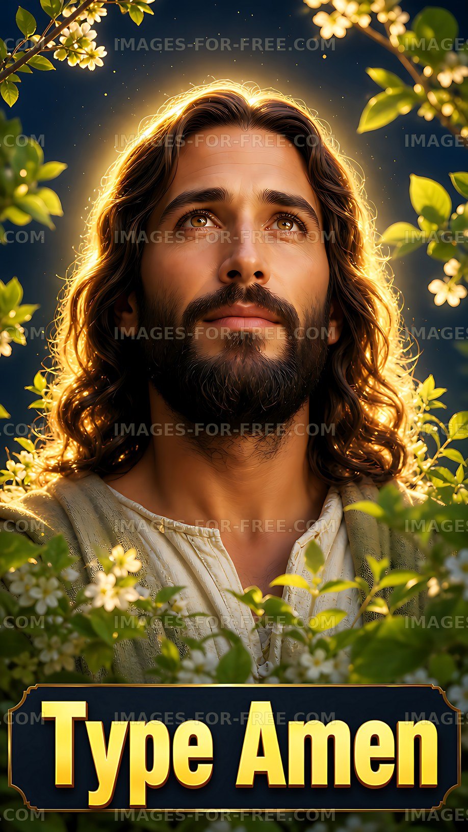 Man with long hair looking upward surrounded by flowers