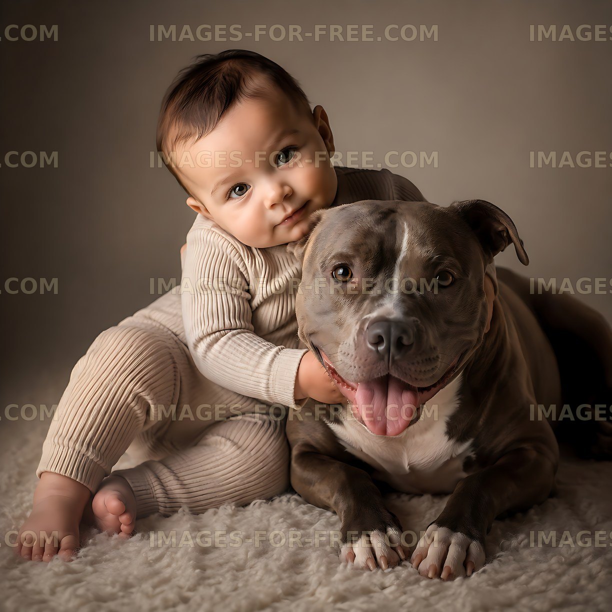 Baby and dog together on soft carpet
