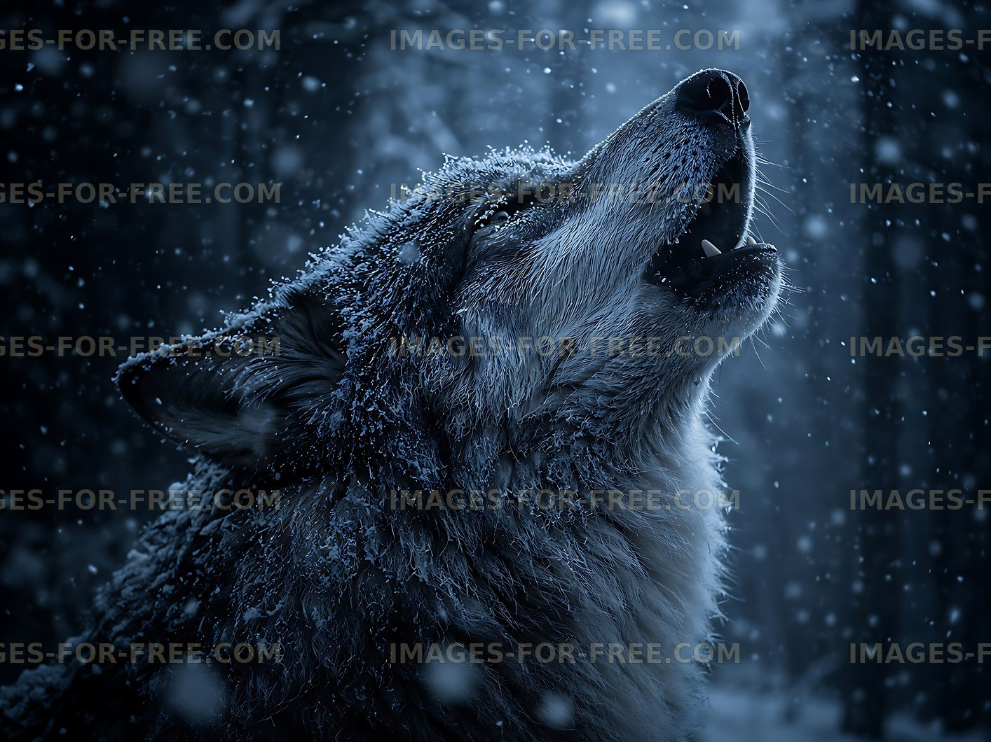 Wolf howling in a snowy forest during winter night
