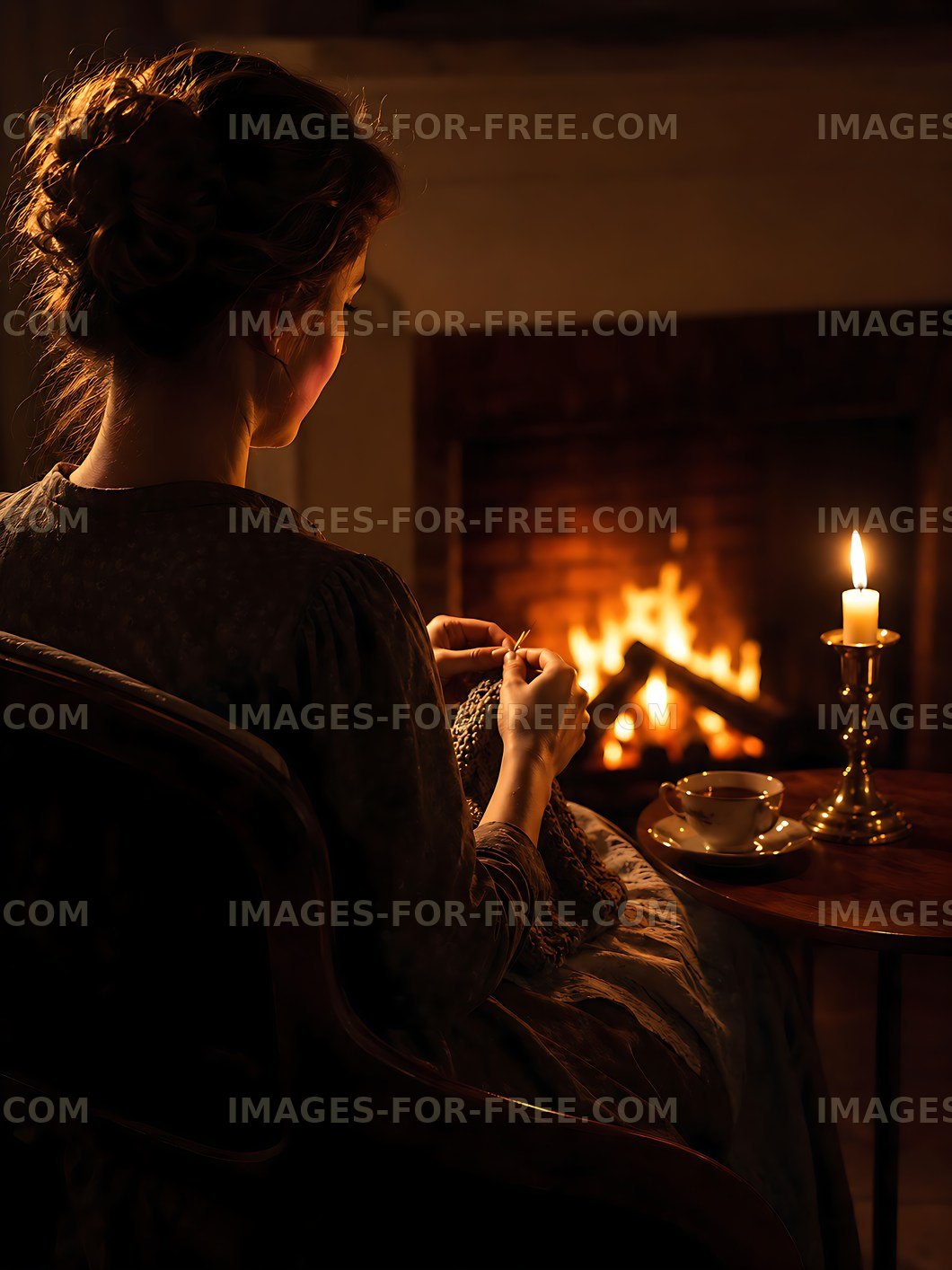 Knitting by candlelight in a cozy setting