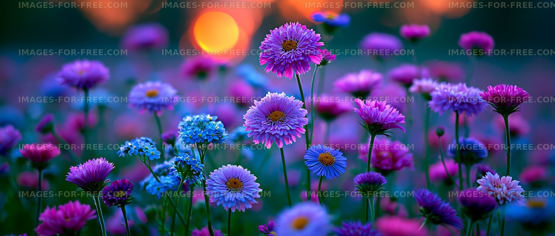 Colorful flowers bloom during sunset in a garden