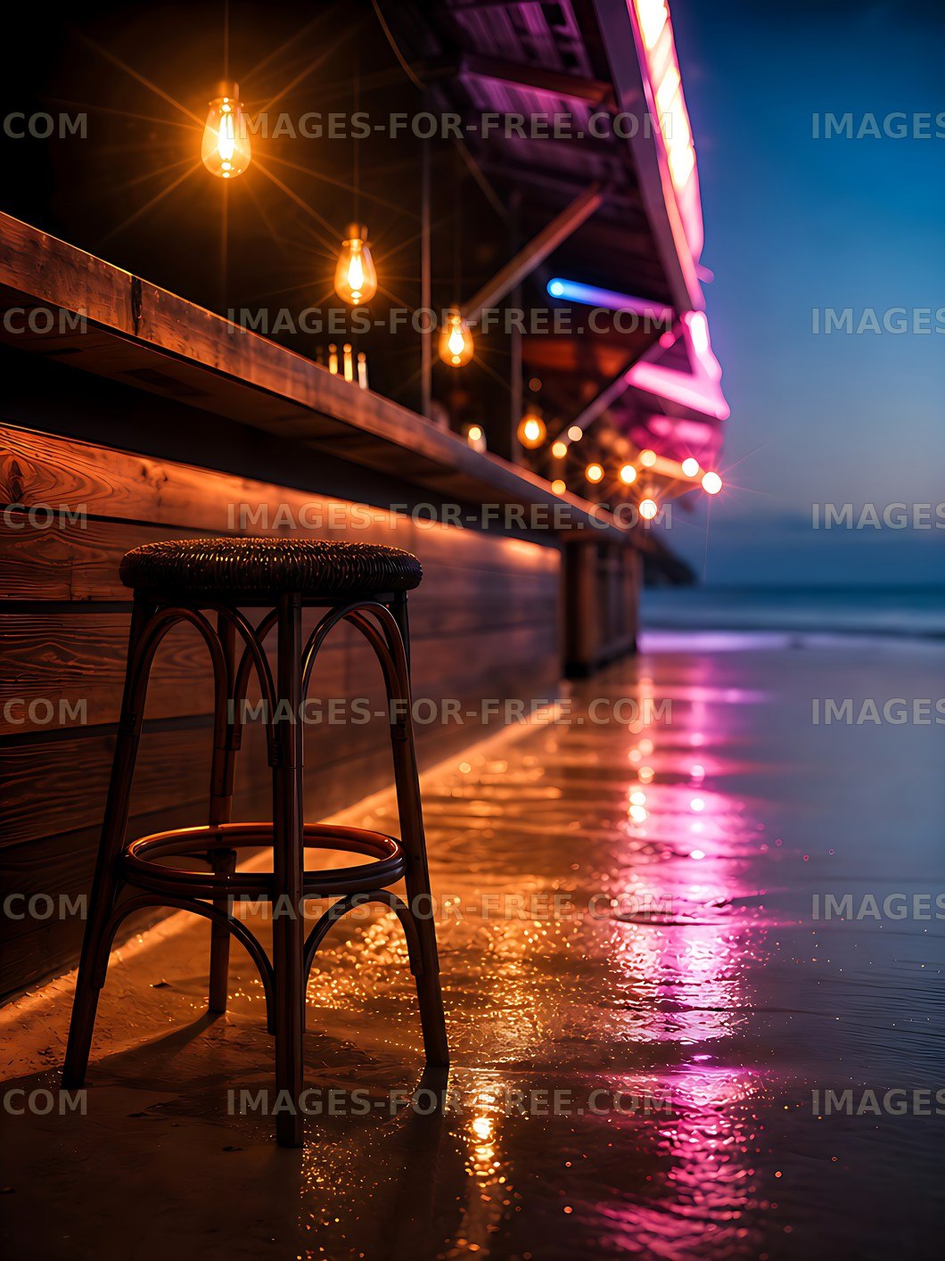 Cozy bar stool by the beach at sunset with glowing lights