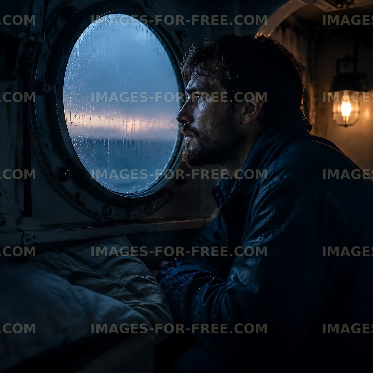 Man looking out a round window during twilight from inside a boat