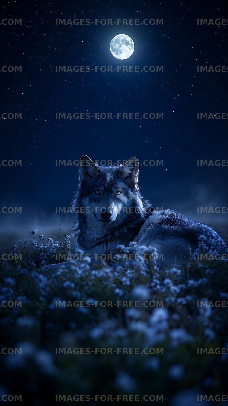 Wolf resting in a field under a full moon