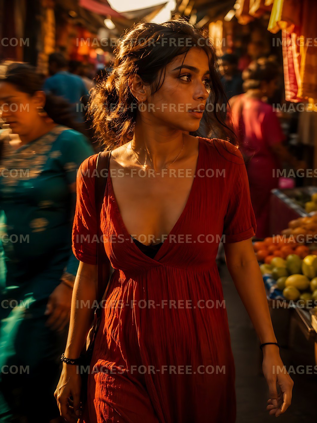 Woman walking through a busy market in warm lighting