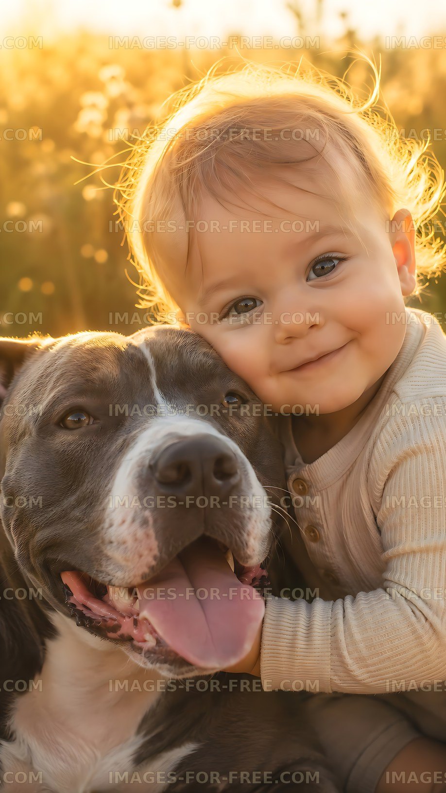 Child and dog share a moment in a sunny field