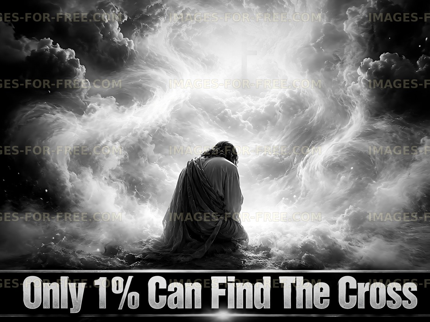 Person kneeling in clouds with light shining in background