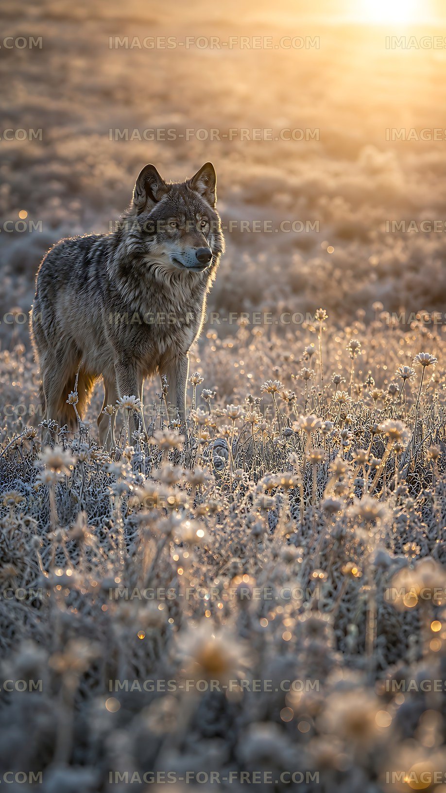 Wolf standing in a field during sunset
