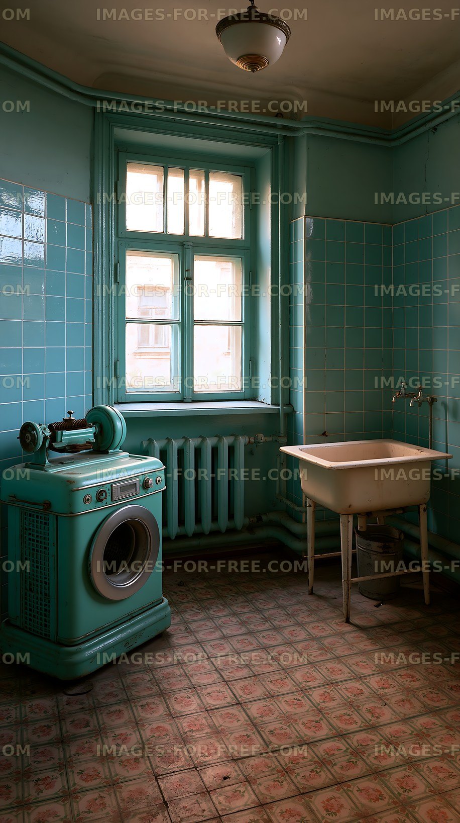 Vintage laundry room with turquoise walls and appliances
