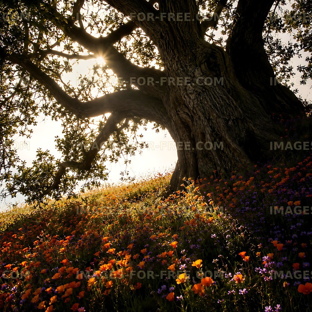 Sunlight filters through tree branches over wildflowers