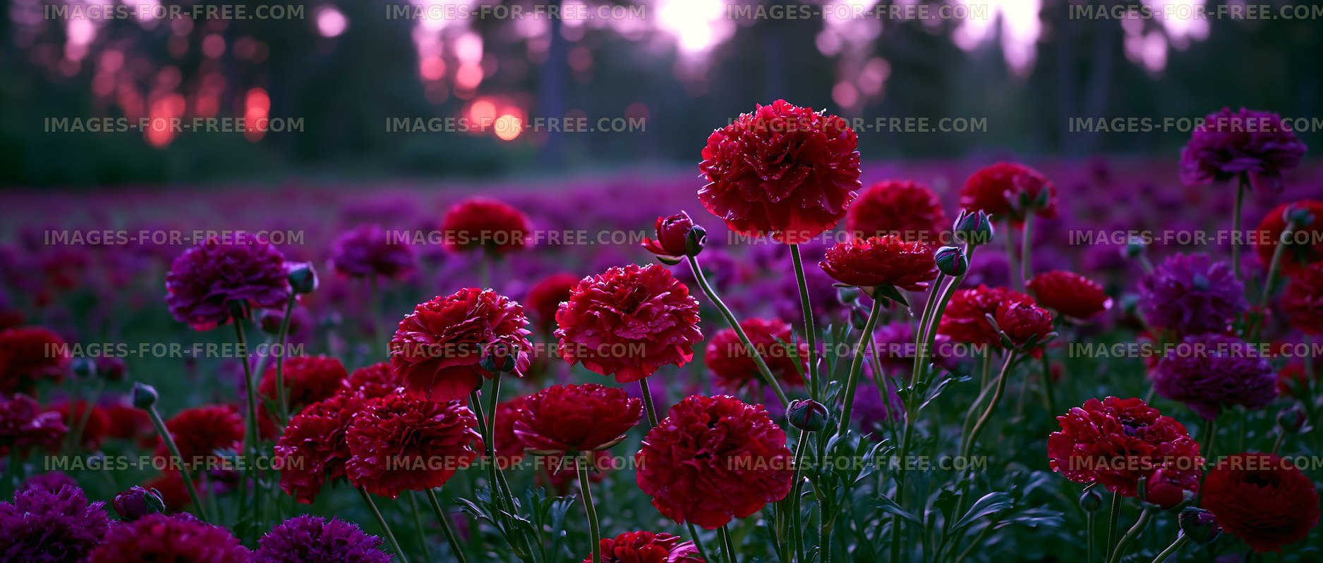 Vibrant flower field during sunset with red and purple blooms