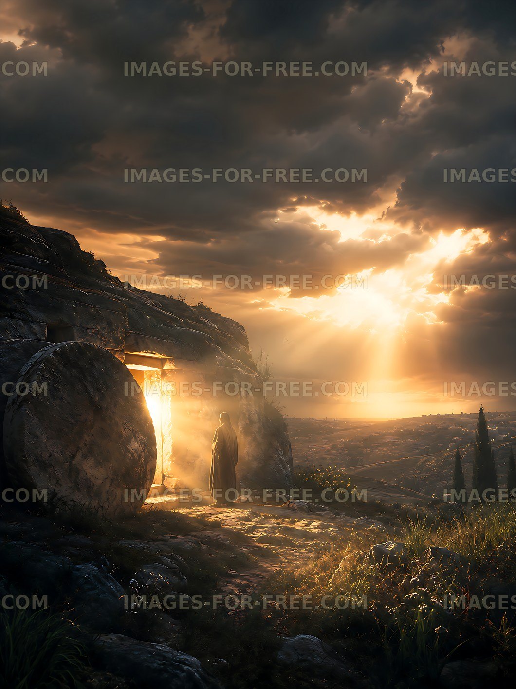Mysterious figure near an ancient stone entrance at sunset