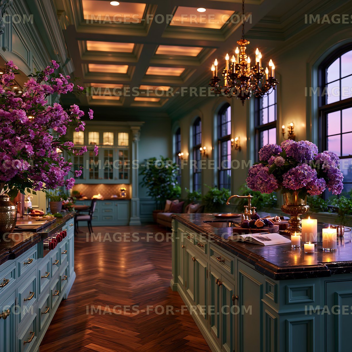 Elegant kitchen with flowers and warm lighting at sunset