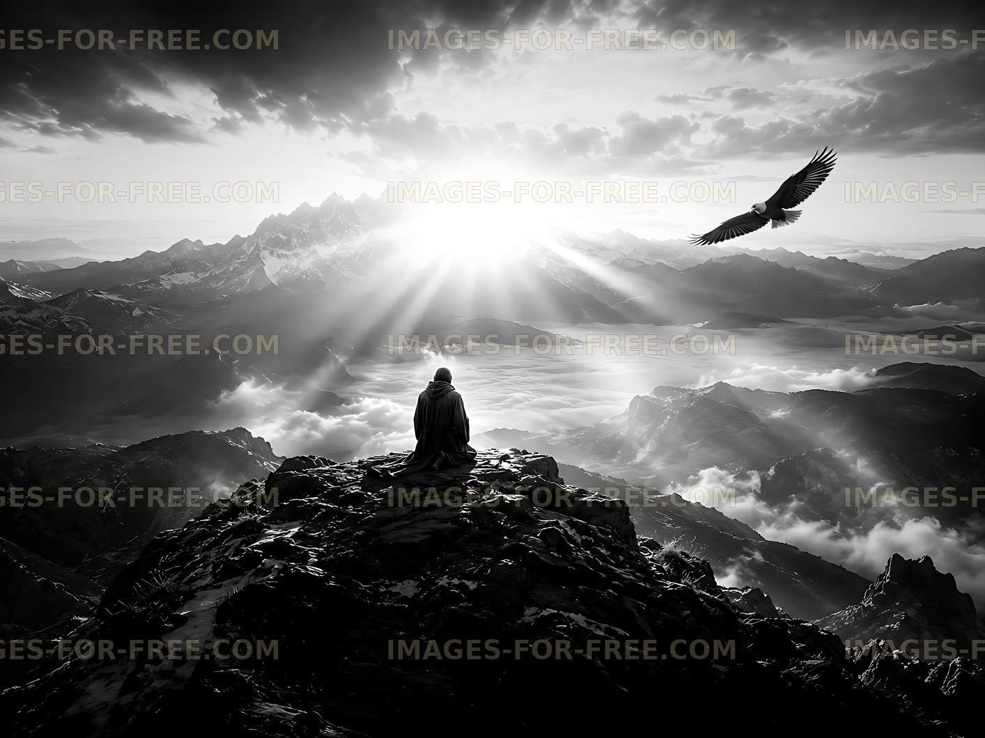 Person sitting on a rock with mountain view at sunrise