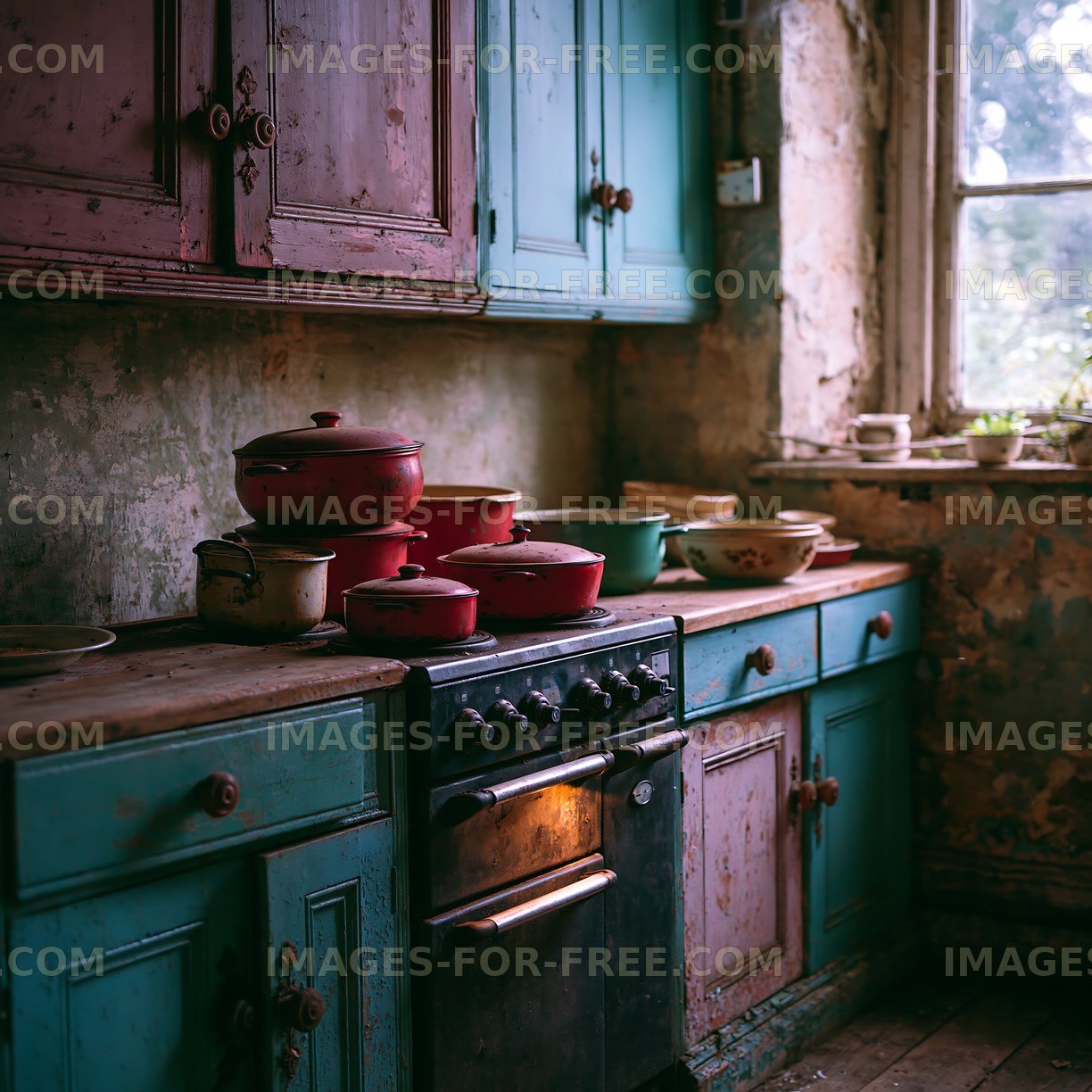 Old kitchen with colorful cabinets and cookware on the counter
