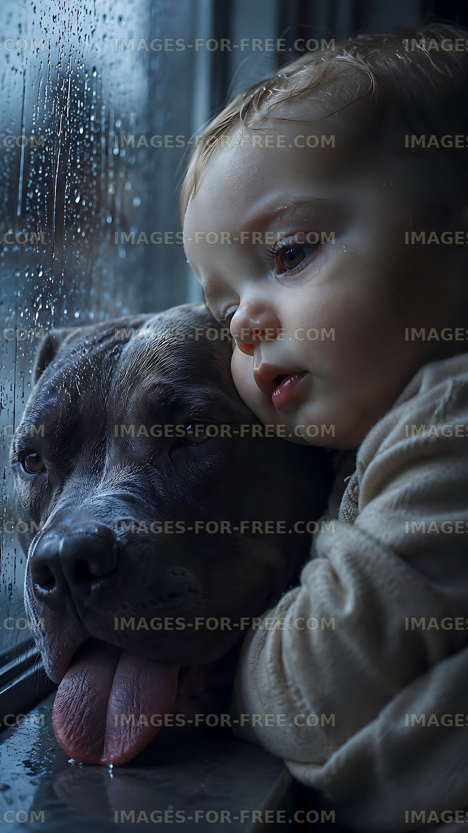 Child and dog looking out the window on a rainy day