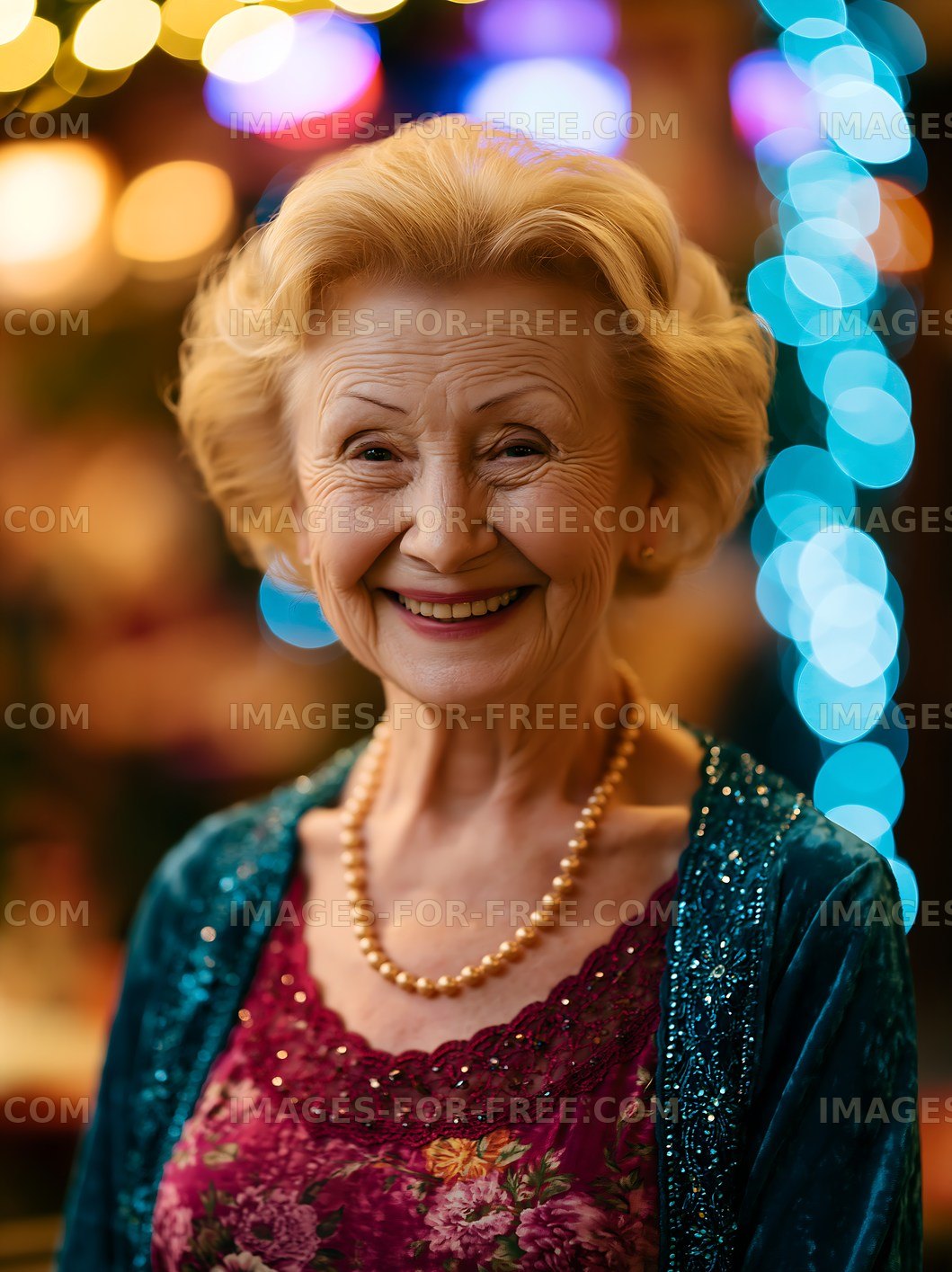 Smiling elderly woman with pearls in festive setting