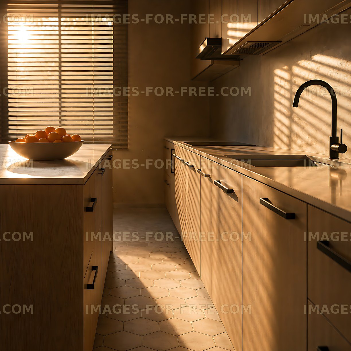 Bright kitchen with sunlight and fruit bowl in morning light