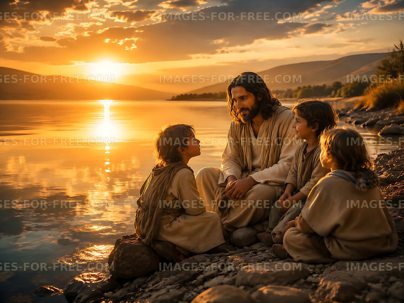 Sunset gathering by the lake with three children and an adult