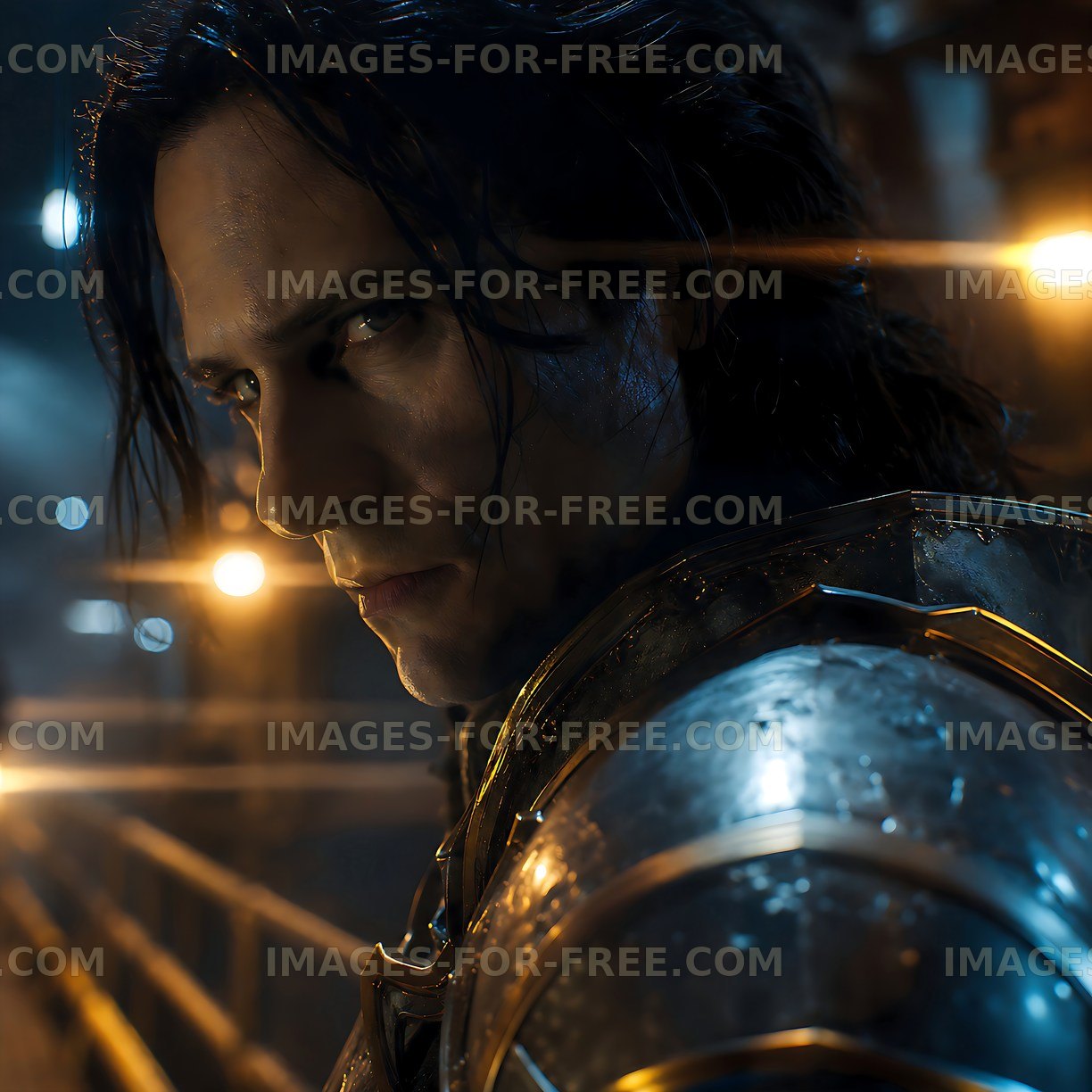 Character in dark setting with glowing lights in background