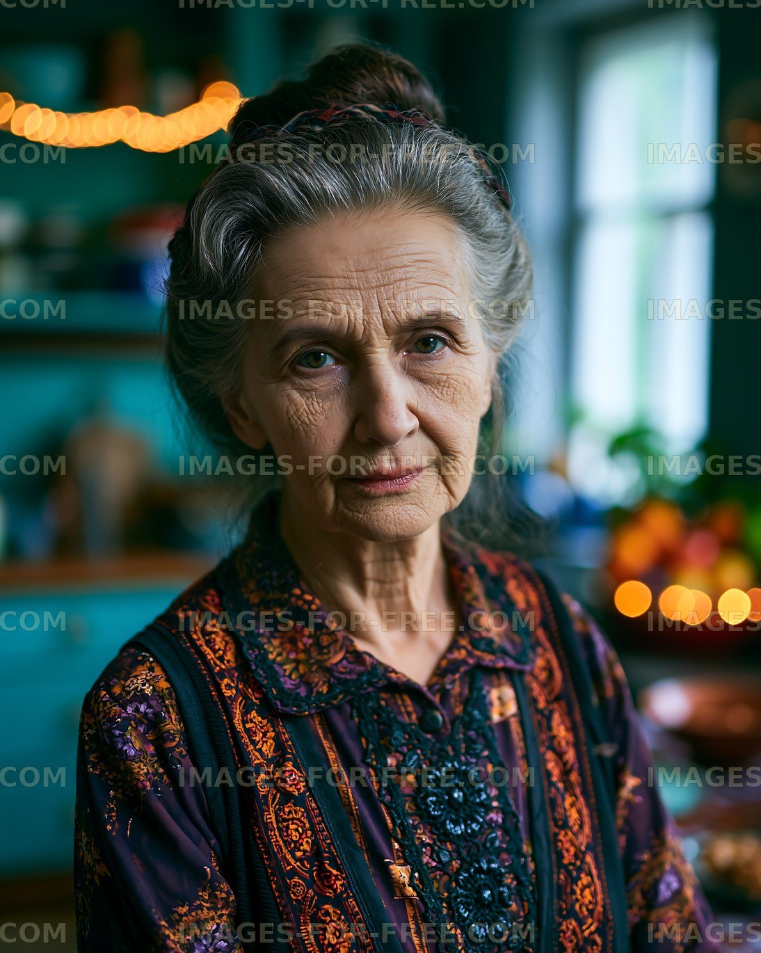 Elderly woman in traditional dress in a cozy kitchen setting