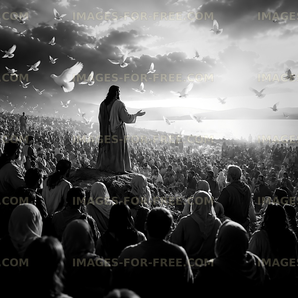 Crowd listens to a figure speaking outdoors by the water