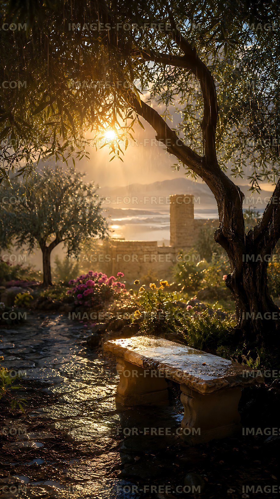 Sunrise through trees in a garden with wet stone path