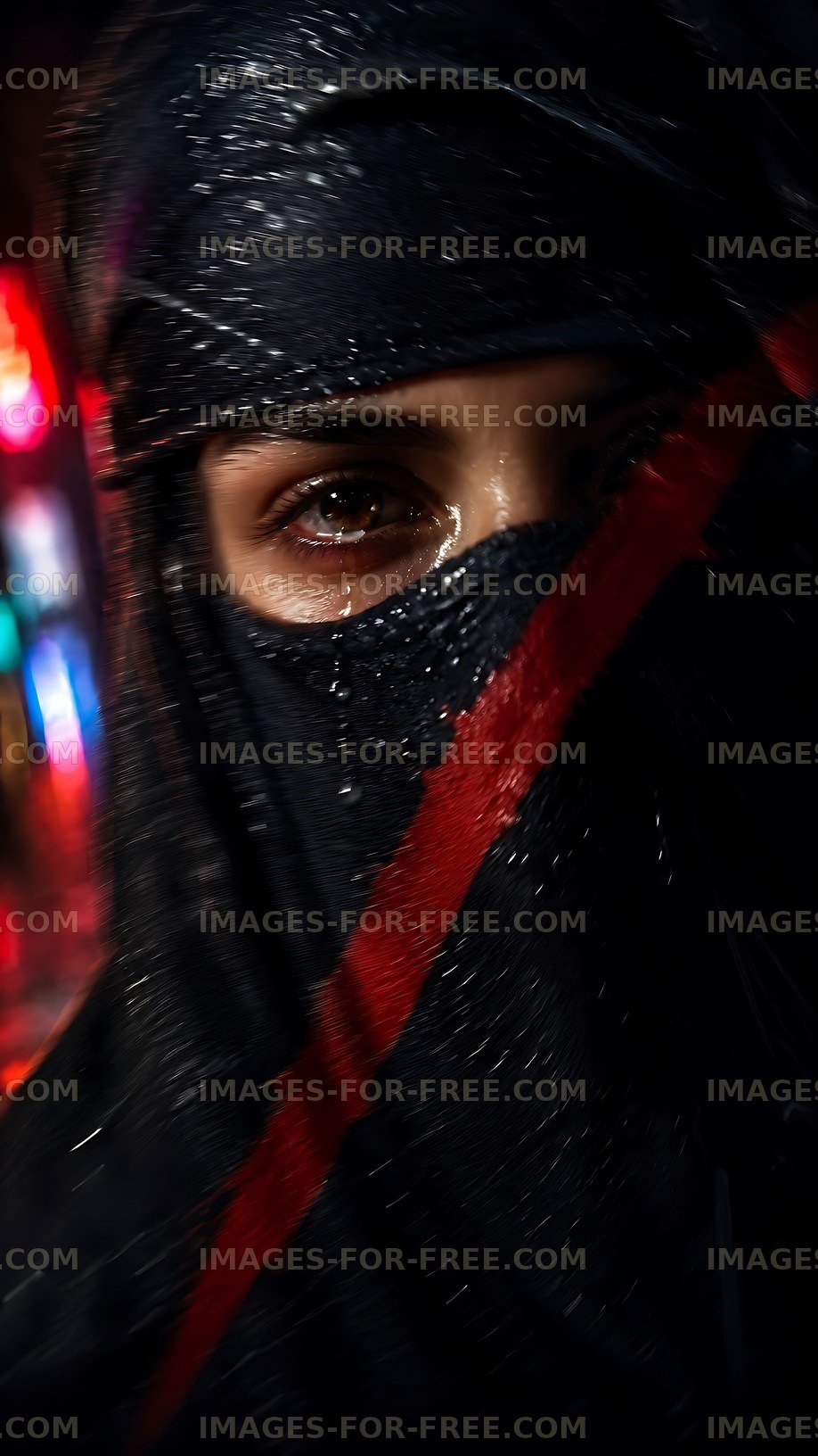 Masked figure with red stripe in urban night setting