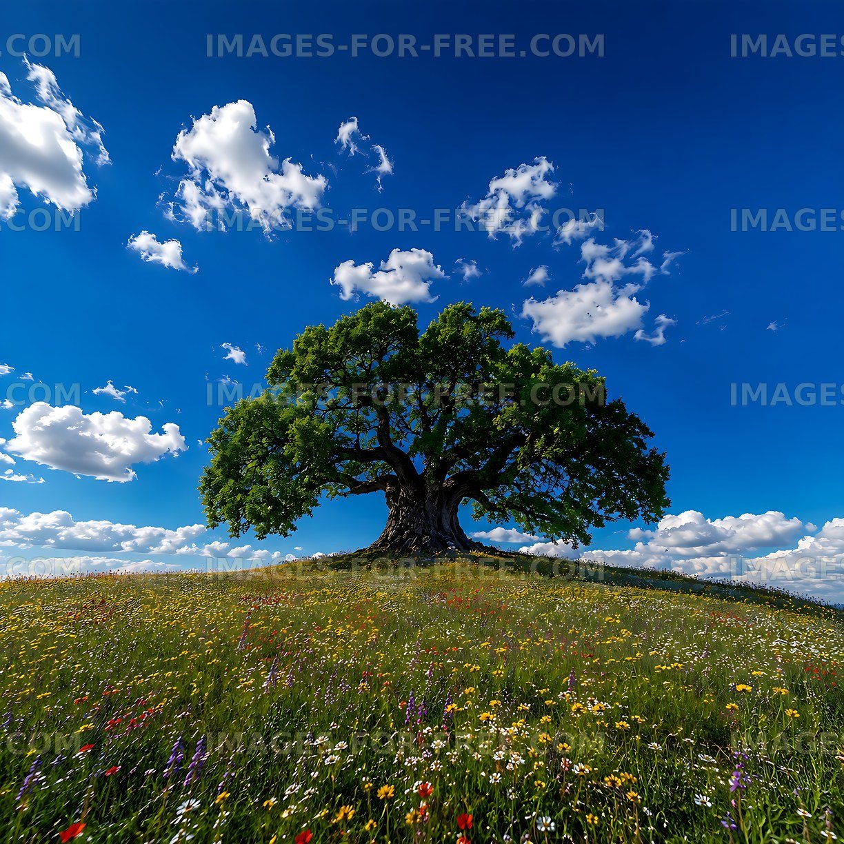 Large tree on a hill with flowers and blue sky