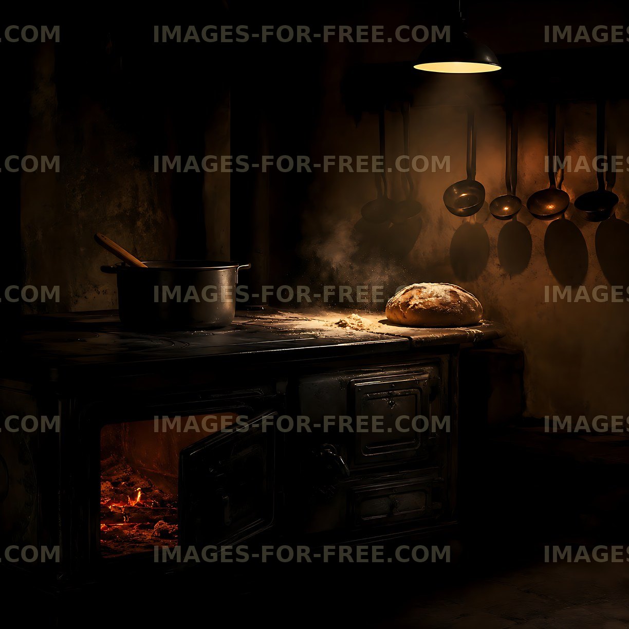 Bread baking in a rustic kitchen with warm light