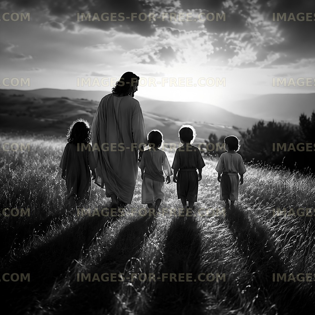 Walking together in a field at sunset