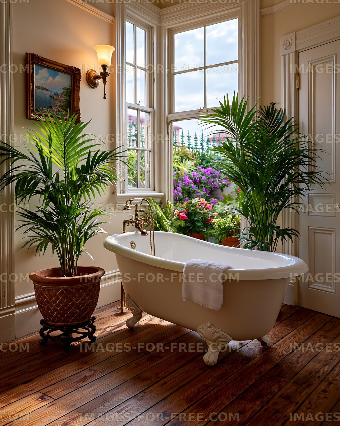 Bright bathroom with a freestanding bathtub and plants