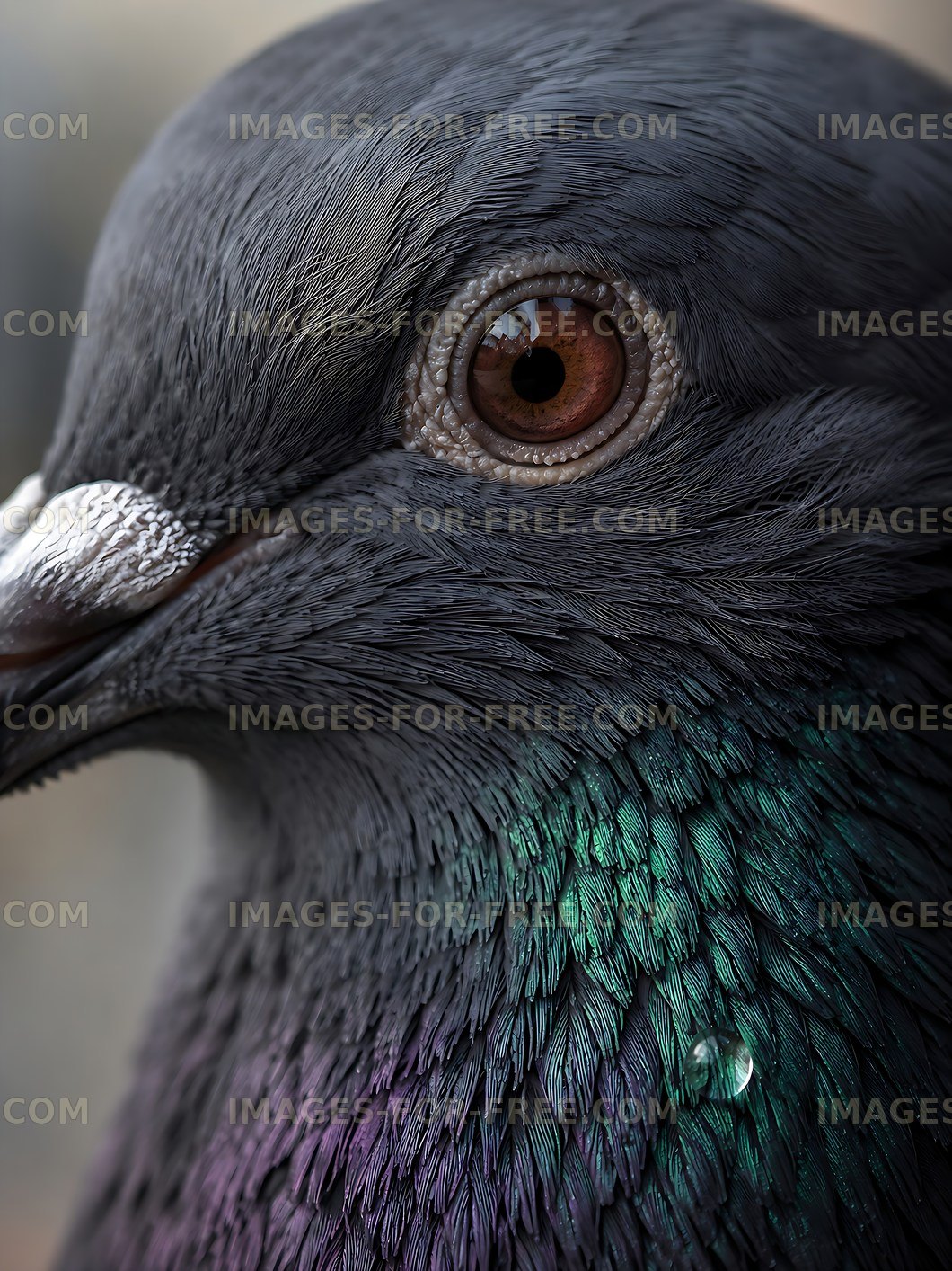 Pigeon close-up with detailed feathers and brown eye